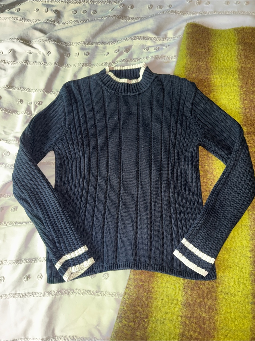 Ribbed Navy Crewneck Sweater with White Trim